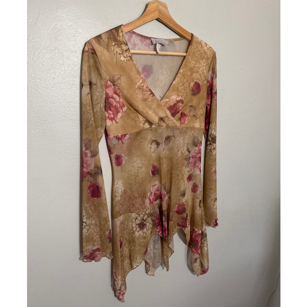 Womens Size L Jessa & Lisa Long Sleeve Tan Floral 2000s Asymmetrical Pointed Hem